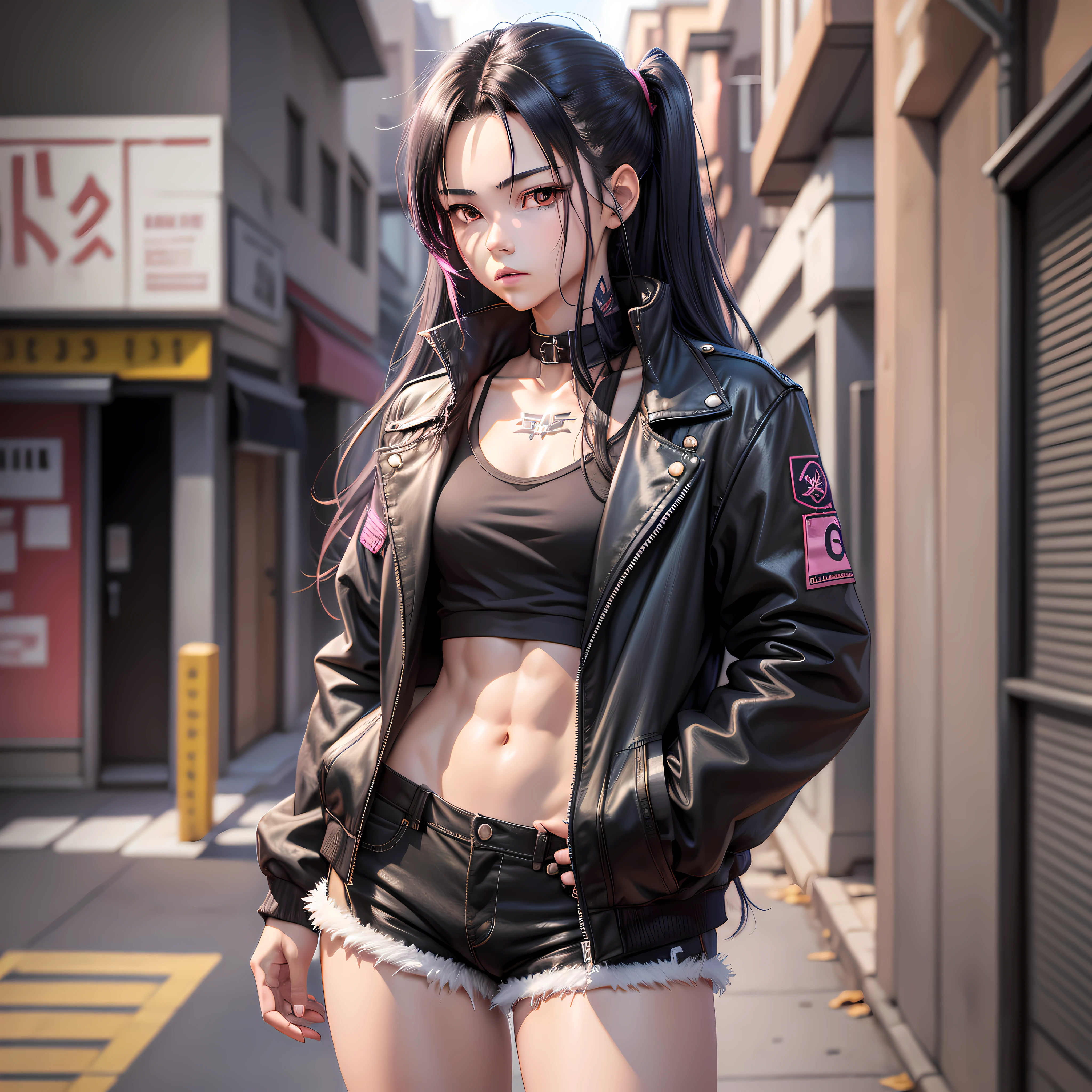 (masterpiece, best quality, 1girl, solo, intricate details, chromatic aberration), realistic,Tifa Lockhart, ((medium breath)),long hair, black hair, hair over one eye,red eyes, earrings, sharp eyes, choker, open jacket, crop top,open waist,(perfect symmetrical body),against wall, brick wall, graffiti, dim lighting, alley ,look at viewer,