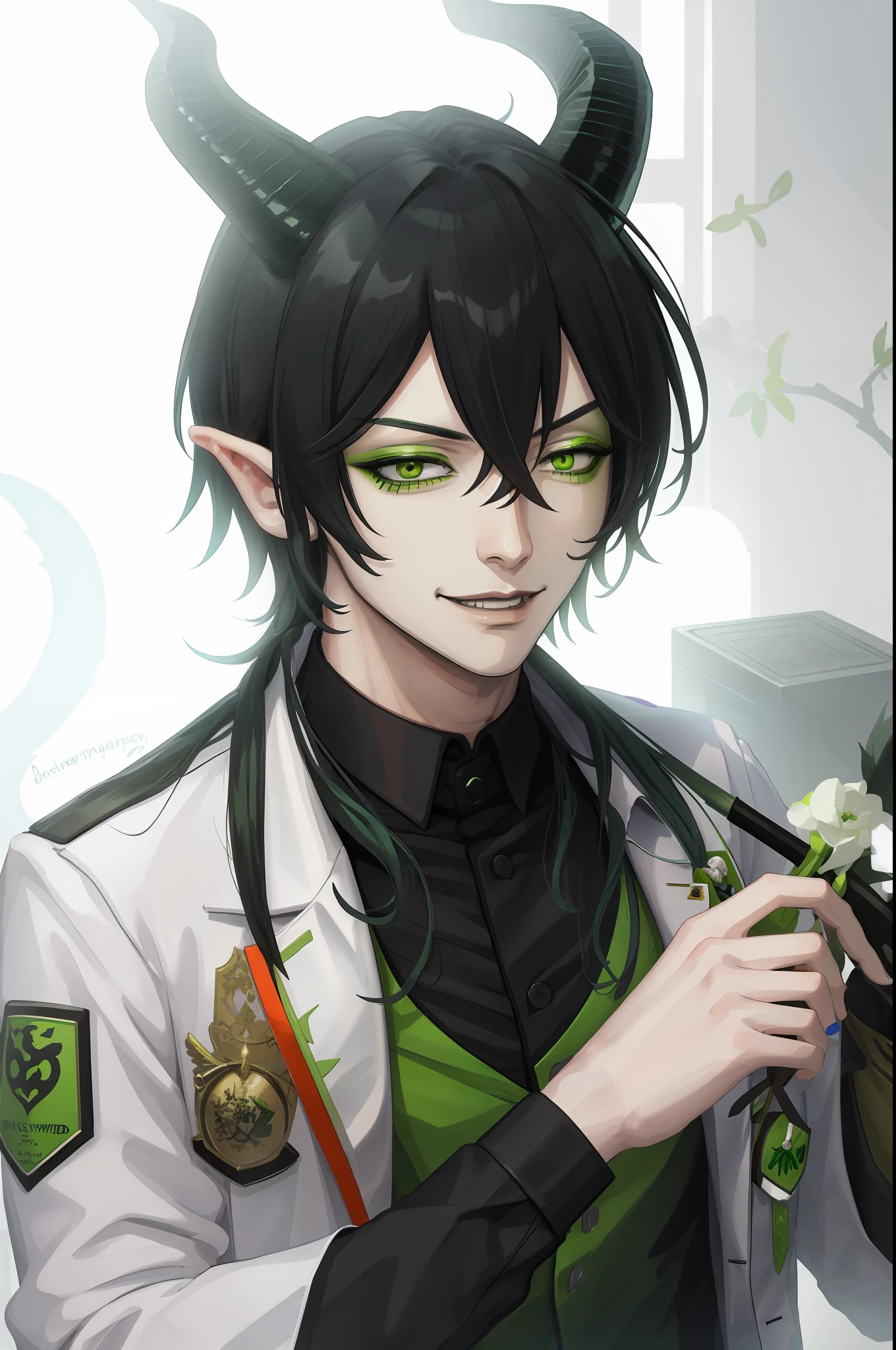 (ver4costume:1.2) labcoat, inner green shirt, 1boy, malleus draconia \(twisted wonderland\), horns, evil smile,