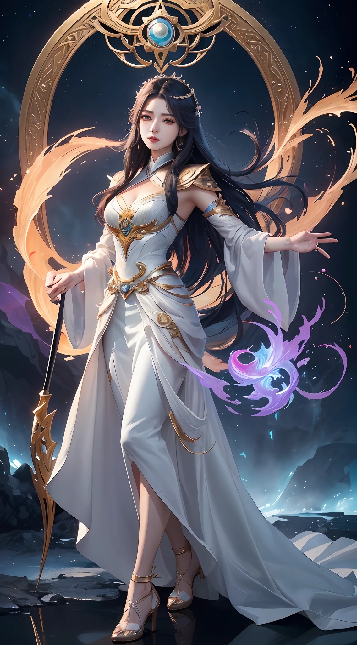 Anime-Stil Bild einer Frau in einem weißen Kleid mit langen Haaren, Ganzkörper-Xianxia, Göttin. extrem hoher Detailreichtum, Trends auf cgstation, Irelia from league of legends, wunderschöner himmlischer Magier, 8k hochwertige, detaillierte Kunst, Irelia, Astrale Hexenkleidung, hochdetailliertes, exquisites Fanart, Sanfte Anime-CG-Kunst, extremely detailed Göttin shot