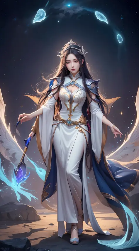 anime - style image of a woman in a white dress with long hair, full body xianxia, goddess. extremely high detail, trending on c...