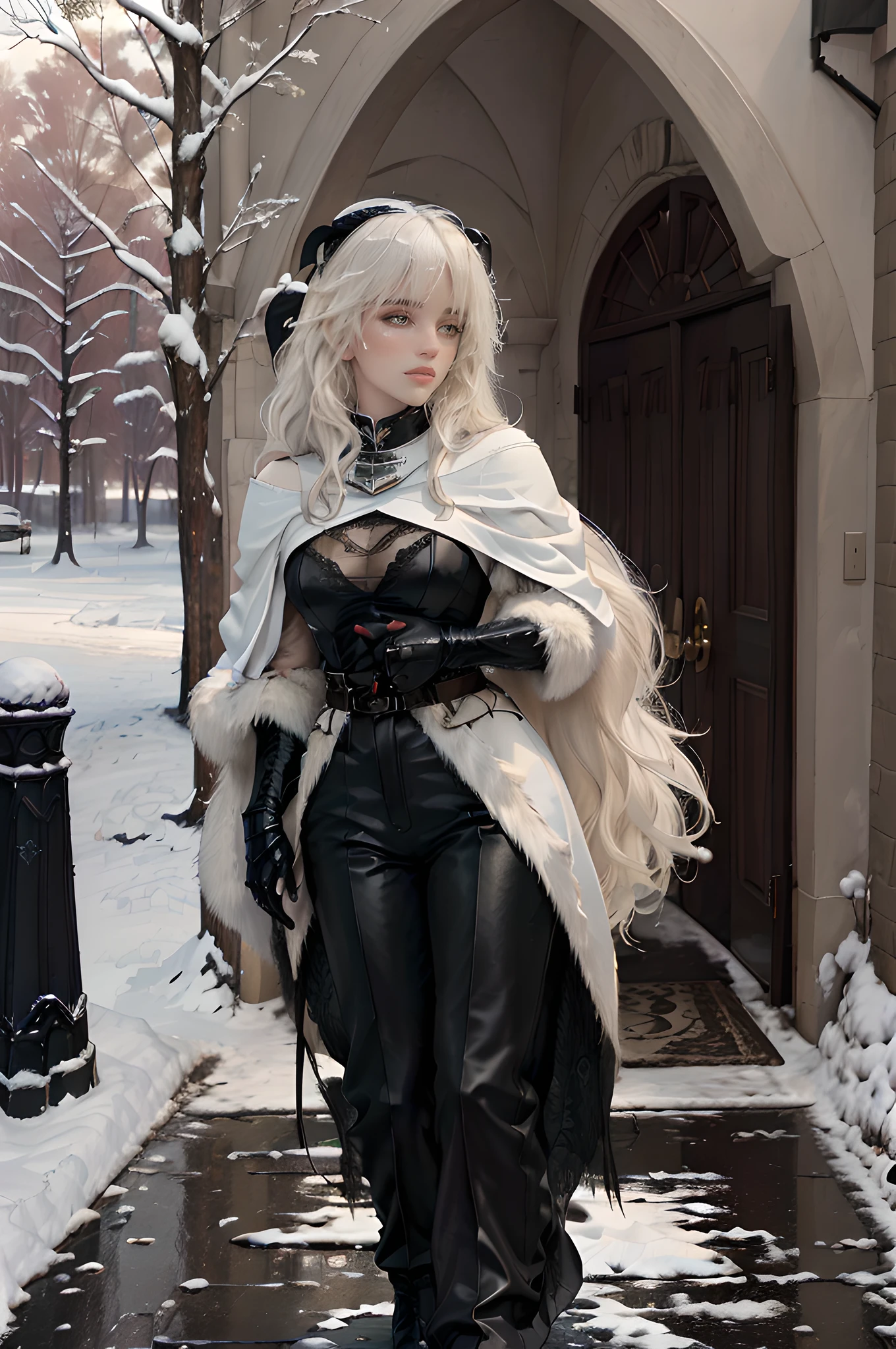 (masterpiece, top quality, best quality, official art, detailed:1.2), billieeilishW3, 1woman, solo, long white wavy hair with simetrical black ram horns and no bangs, outdoors, wearing full pleated armor, tree, fur trim cape in white, black gloves, snow, snowing, winter, walking and looking away with a hand on her belt, bare tree, flat chested and fully clothed with long sleeve medieval shirt and black trousers and armored shoulder pads