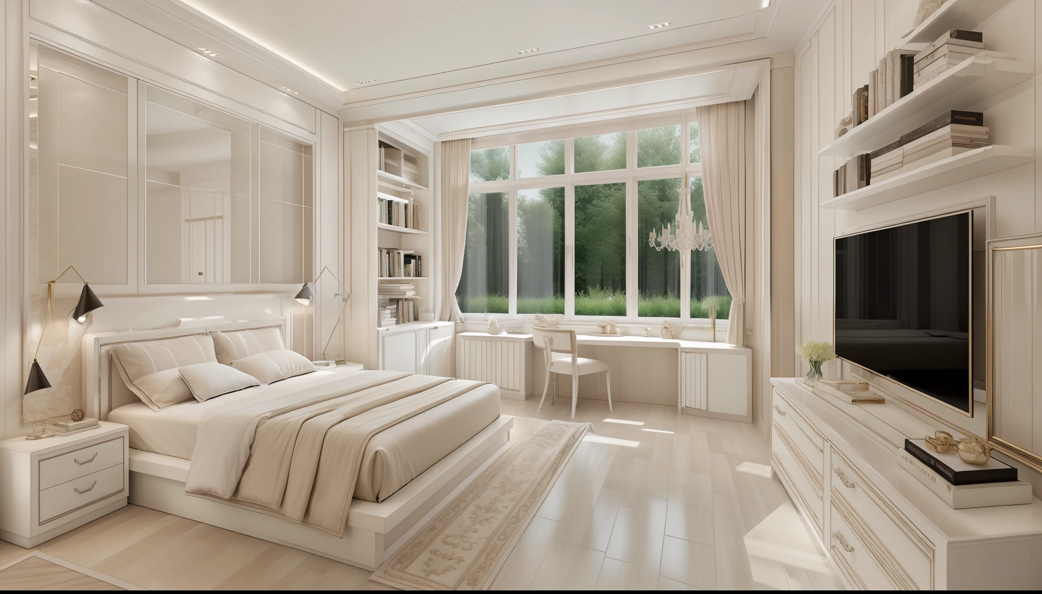 best quality, master picece, hyper detail, supper detail, best realistic, (classical bedroom, beautiful lighting, shimmering)|[dreamy:1.2+airy:0.9],((whiten tone:1.5))