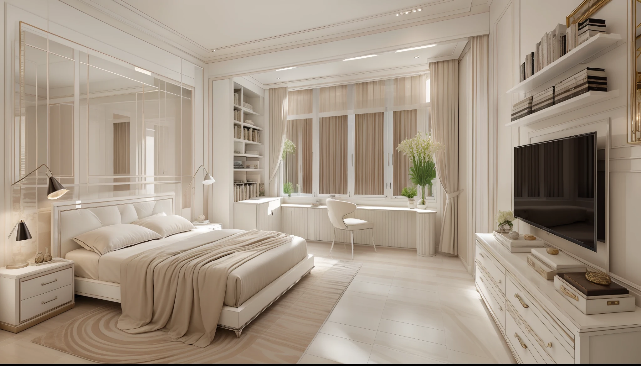 best quality, master picece, hyper detail, supper detail, best realistic, (classical bedroom, beautiful lighting, shimmering)|[dreamy:1.2+airy:0.9],((whiten tone:1.5))