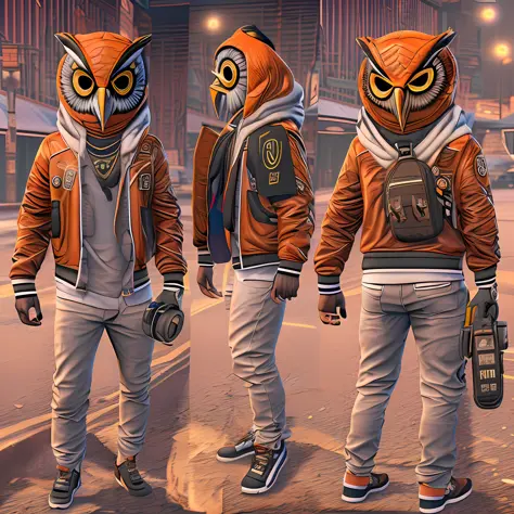GTA5 orange-brown owl mask fully covering face, White Jacket, Owl print on Jacket with up wings, Backpack on his left hand with ...