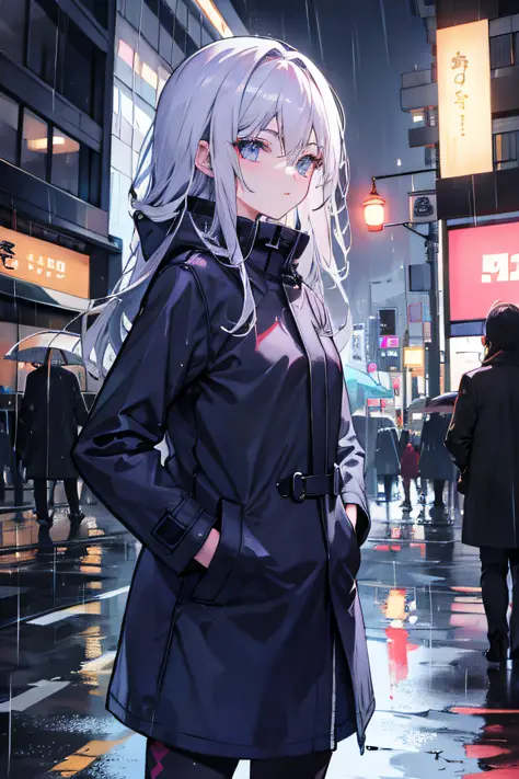 1 girl, night city, rain, coat, hands in pockets