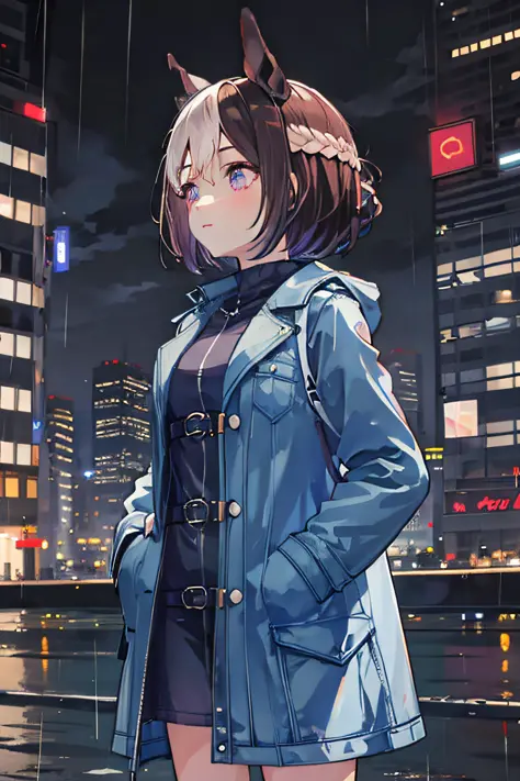 1 girl, night city, rain, coat, hands in pockets