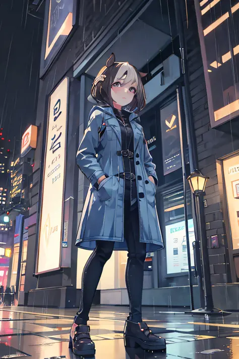 1 girl, night city, rain, coat, hands in pockets