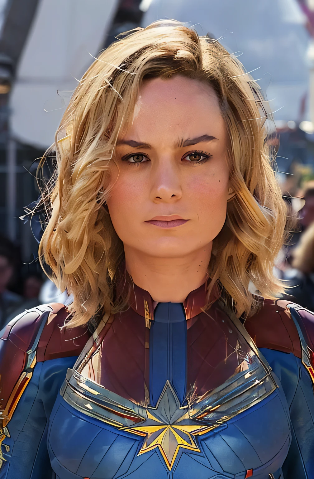 Brie Larson, Medium hair, Full body portrait, Wear a Captain Marvel costume, The fighting stance is sexy, cleavage, breast to show