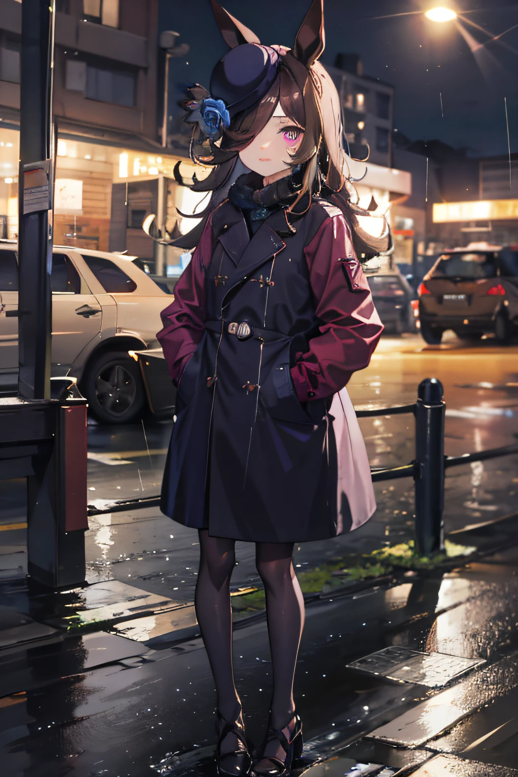 1 chica, ciudad de noche, lluvia, abrigo, manos en los bolsillos