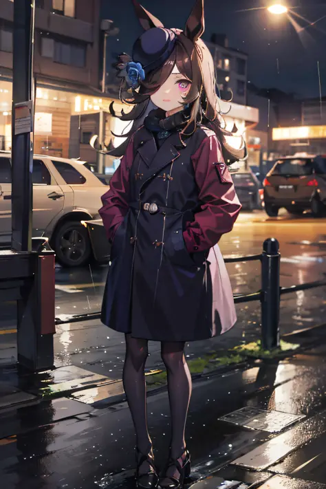 1 girl, night city, rain, coat, hands in pockets