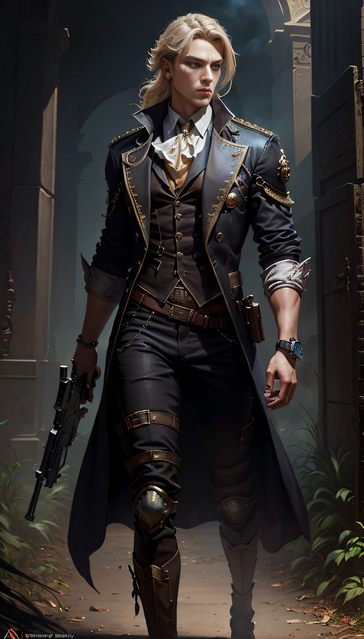 Hoomem in a black outfit holding a gun and a watch, arte de personagem impressionante, arte conceitual steampunk, epic exquisite character art, Amazing 8K character concept art, assassino masculino, bela arte conceitual de corpo inteiro, trending in the artstation, Arte conceitual CGSetry, arte conceitual artstation, cgssociedade, corpo inteiro