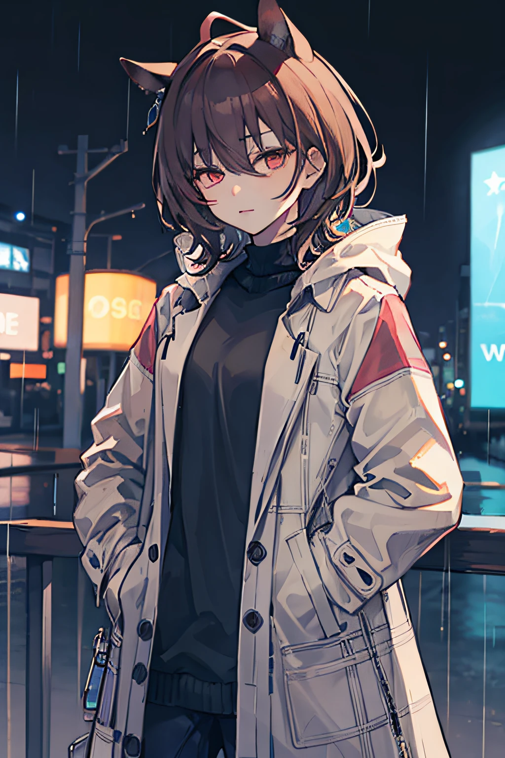 1 girl, night city, rain, coat, hands in pockets