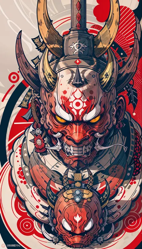 Hannya mask style of 0mib, illustrator, masterpiece, high quality, 8k, high resolution, high detailed, Japanese, samurai