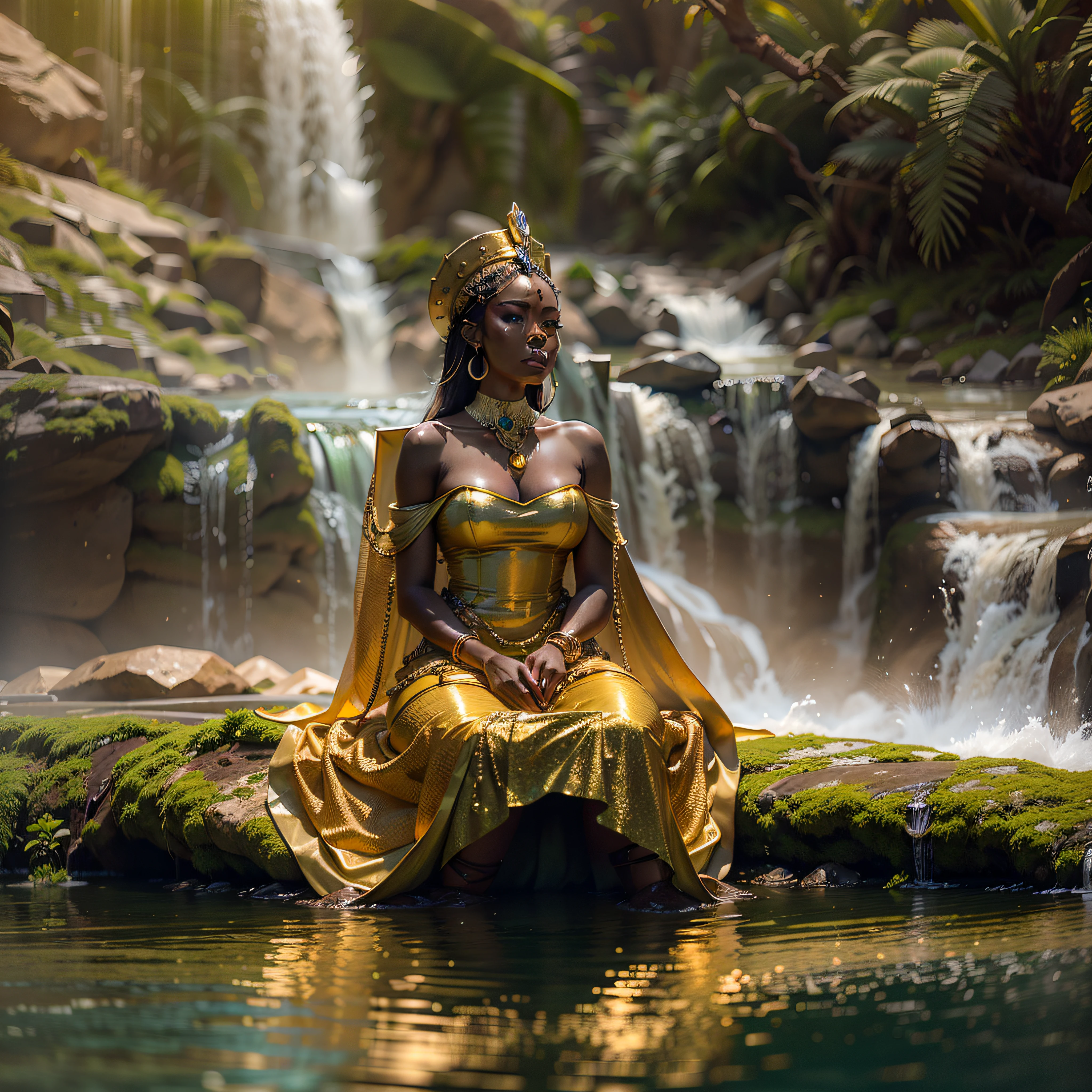 There's a gorgeous minimalist African queen sitting in a sparkling gold dress, segurando um espelho dourado, with a beautiful transparent golden veil in front of a waterfall, Cachoeira tranquila e bonita, cachoeiras de ouro, epic 3 d oshun, pano de fundo da cachoeira, linda cachoeira deslumbrante, solitude under a waterfall, deusa da natureza, com cachoeiras, ao lado de uma cachoeira, linda donzela fantasia, fantasia bonita, cachoeira deslumbrante, cachoeira bonita, Deusa da Natureza, com uma cachoeira