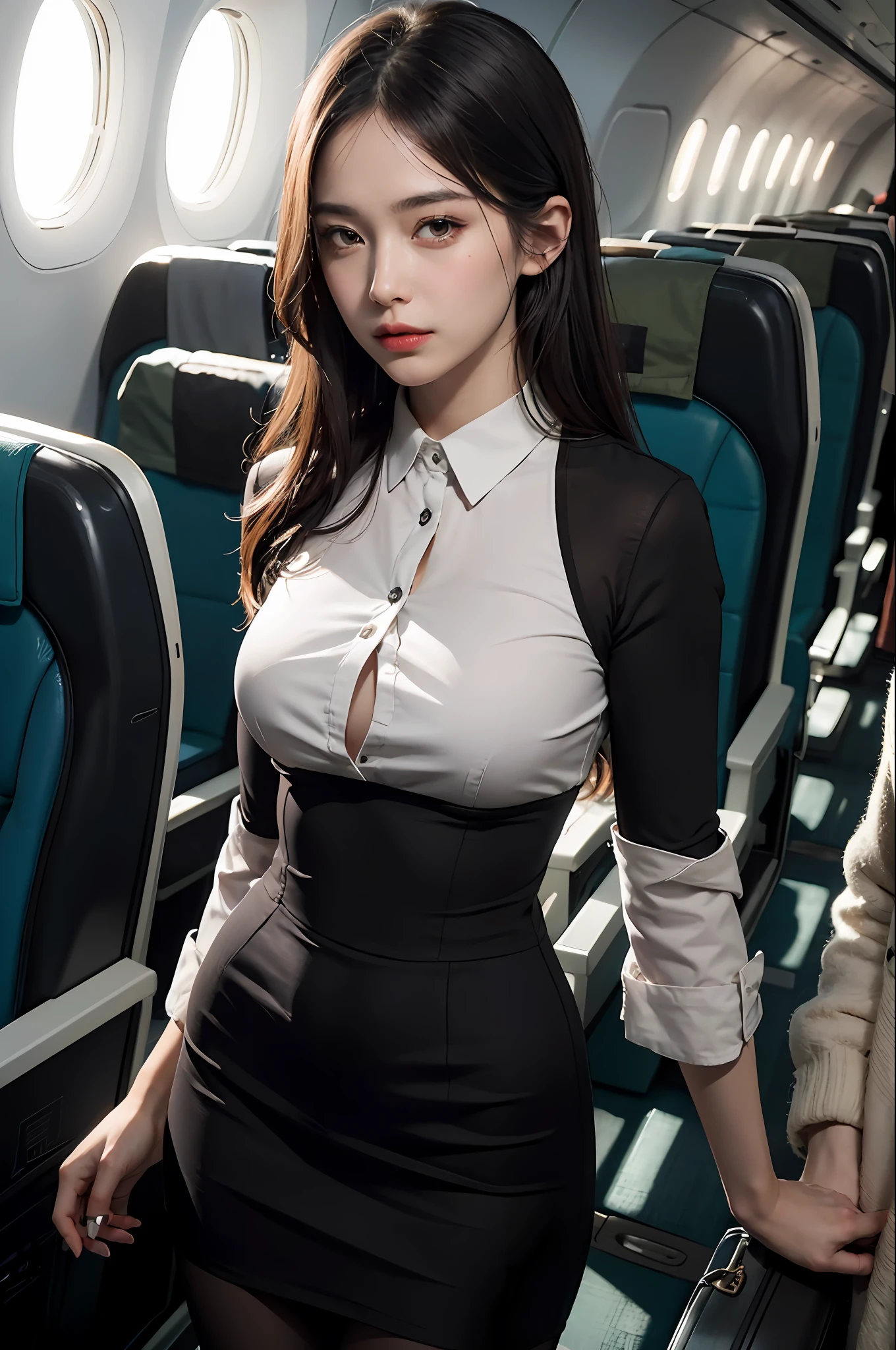 best quality, masterpiece, 8k, ultra high res, (photorealistic:1.4), highly detailed, intricate detail, delicate and beautiful, good lighting, professional lighting, sharp focus, detailed shadows, exquisite details and textures, depth of field, unity 8k wallpaper, cinematic composition, cinematic lighting, official art, Cabin Crew, flight attendant, black pantyhose, (aircraft, (Aircraft Corridor), Aircraft seats) beautiful elegant face, detailed face, detailed eyes, realistic hair, long hair, (1girl), (standing:1.3),