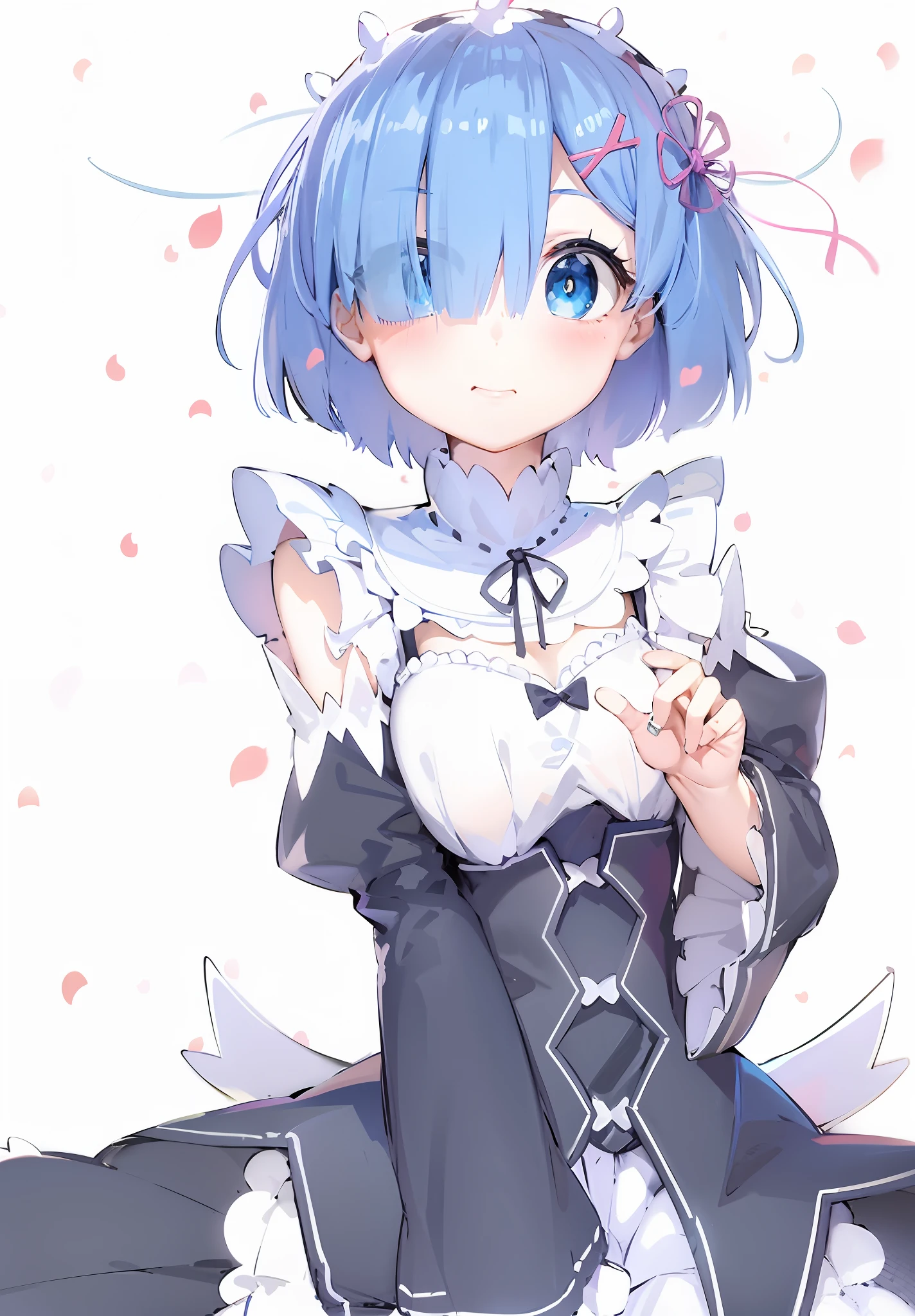 anime girl with blue hair and blue eyes sitting on the ground, Rem Rezero, loli in dress, small curvaceous loli, anime moe art style, small  girl, cute anime waifu in a nice dress, cirno touhou, Splash art anime Loli, an anime portrait of cirno, the anime girl is crouching, 