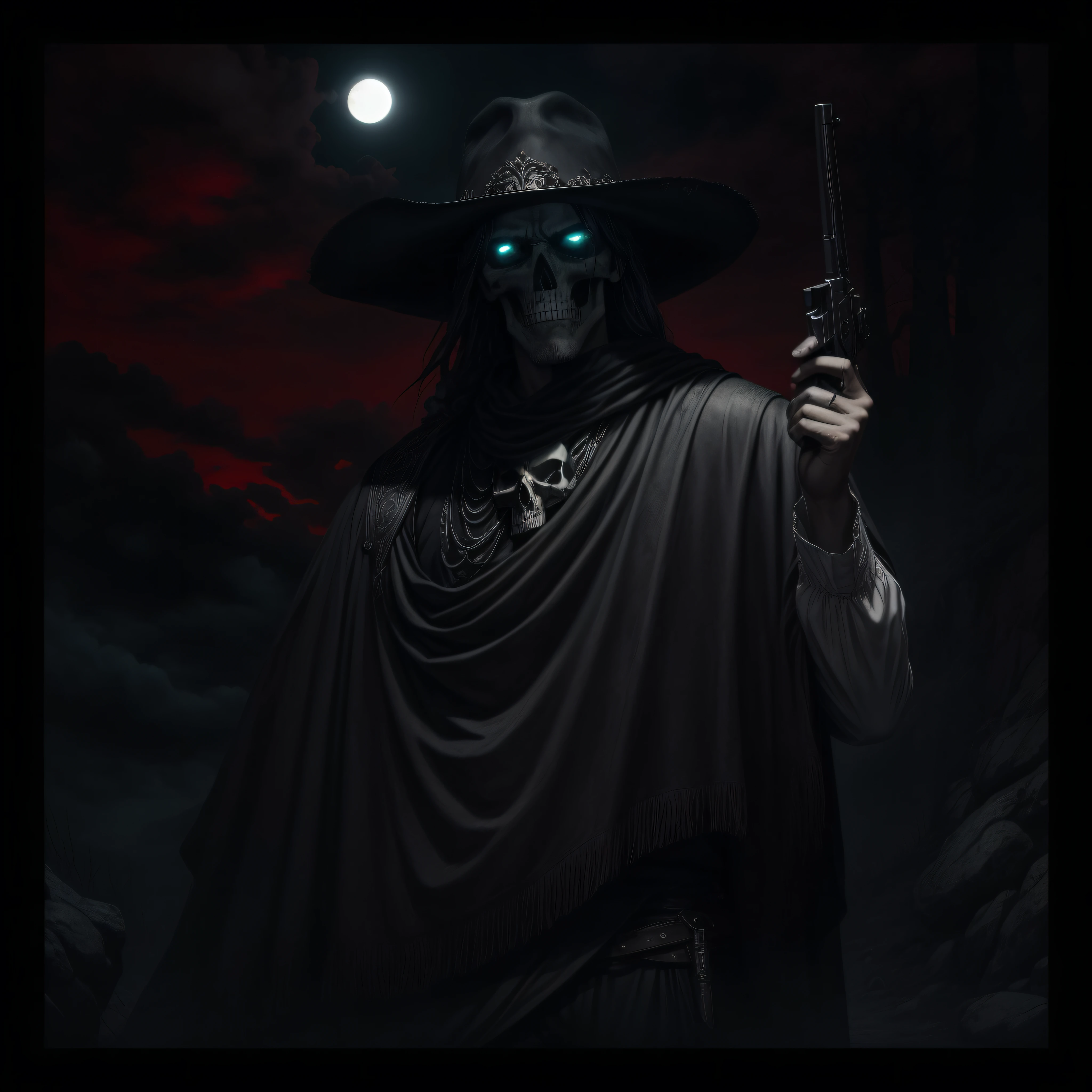 Dark Country album cover, with a skull-faced man in the moonlight holding an art-style pistol of engraving, monochrome, cool colors. artistic style of engraving, cool colors. lineart, monochrome, dread, gothic, horror, surreal, terror, fear, despair, monstrous humanoid, fantasy, dreamlike, dramatic, red sky, red eyes --auto --s2