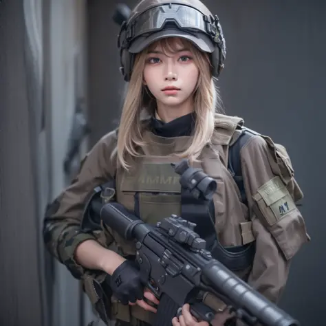 8k, RAW photo, portrait, best quality, ultra high res, photorealistic, woman in a helmet holding a gun and wearing a helmet, mechanized soldier girl, soldier girl, beautiful female soldier, infantry girl, m4 sopmod ii girls frontline, professional cosplay,...