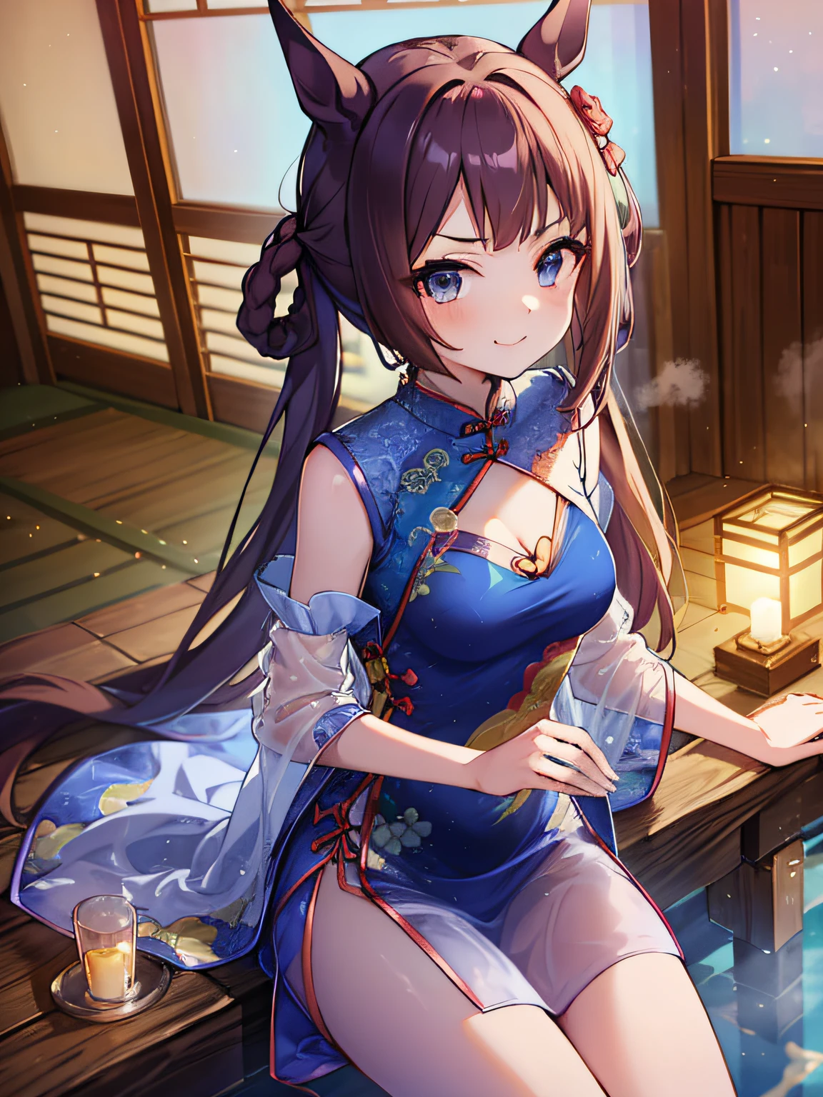 ​masterpiece、Top quality anime illustrations、ultra-detailliert、1 girl in、独奏、Anime Loli、((Light blue see-through cheongsam in light color))、((Short cheongsam))、((sleeve less))、special week \(Umamusume\)、A smile、Bare skin lateral chest、thigh focused、Cleavage emphasis、hot onsen