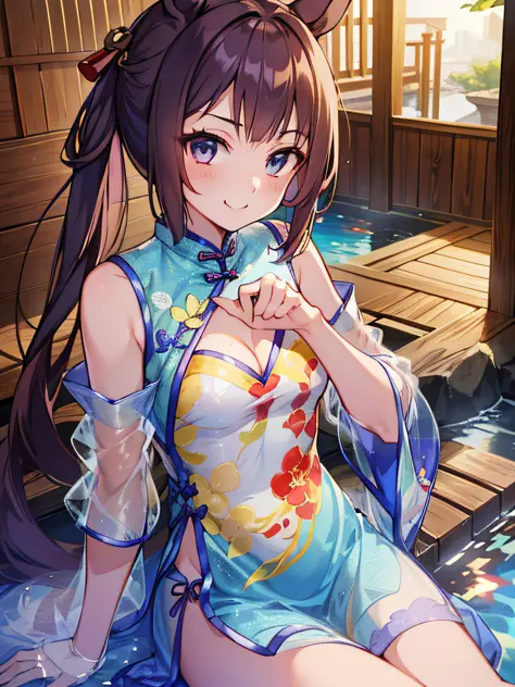 ​masterpiece、Top quality anime illustrations、ultra-detailliert、1 girl in、独奏、Anime Loli、((Light blue see-through cheongsam in lig...