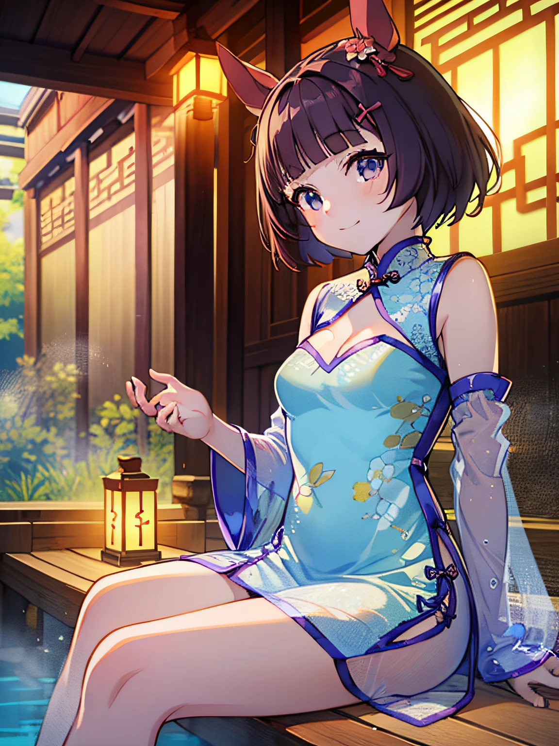 ​masterpiece、Top quality anime illustrations、ultra-detailliert、1 girl in、独奏、Anime Loli、((Light blue see-through cheongsam in light color))、((Short cheongsam))、((sleeve less))、nishino flower \(umamusume\)、A smile、Bare skin lateral chest、thigh focused、Cleavage emphasis、hot onsen