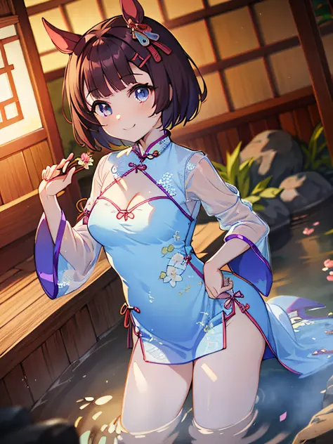 ​masterpiece、top quality anime illustrations、ultra-detailliert、1 girl in、独奏、anime loli、((light blue see-through cheongsam in lig...