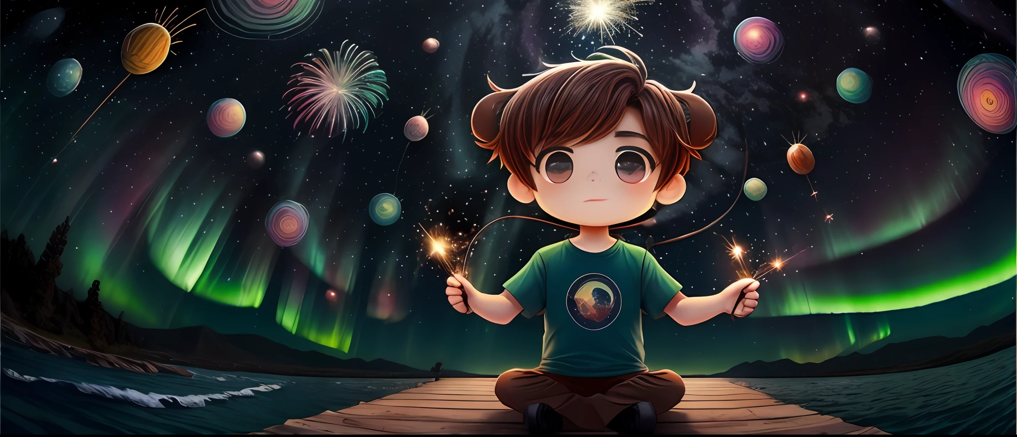 1 camisa do , Fogos de artifício aéreos, astronauta, aurora, vias lácteas, Festival, chibi, olhos de peixe, Obras primárias, qualidade superior, melhor qualidade, arte oficial, bonito e estético, animação, 8k cru,