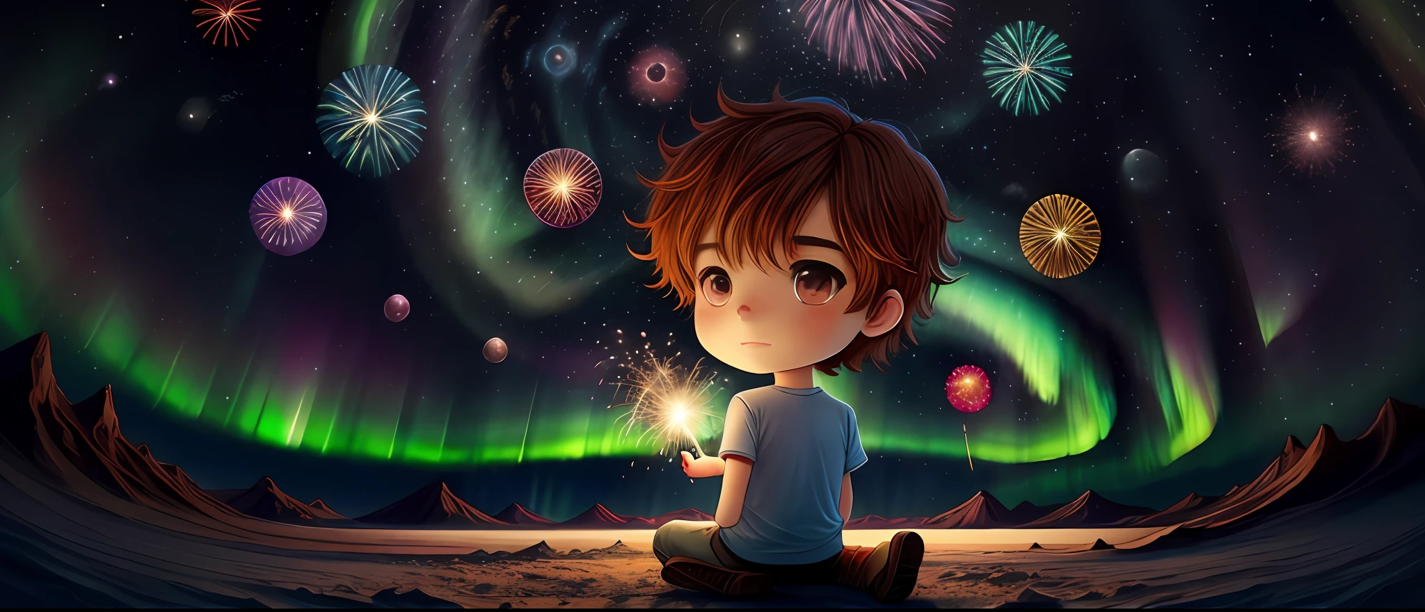 1 camisa do , Fogos de artifício aéreos, astronauta, aurora, vias lácteas, Festival, chibi, olhos de peixe, Obras primárias, qualidade superior, melhor qualidade, arte oficial, bonito e estético, animação, 8k cru,