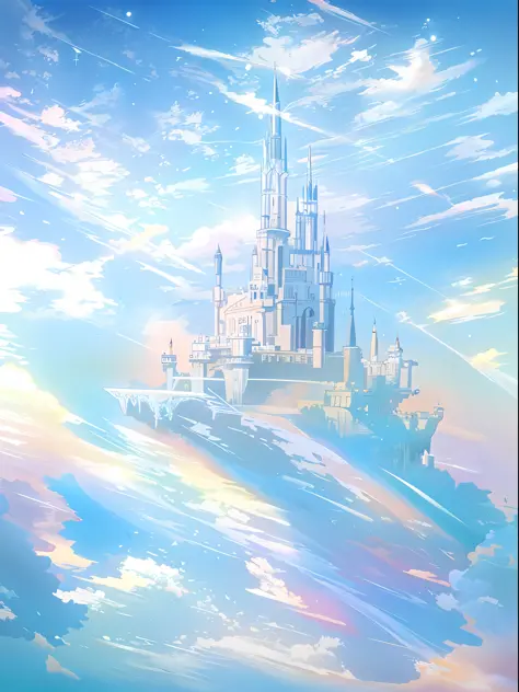 8k, Disney castle in the sky with reflection of water, fantastic sky and water surface, fairy tale style background, flying clou...