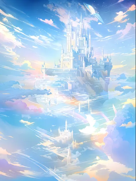 8k, Disney castle in the sky with reflection of water, fantastic sky and water surface, fairy tale style background, flying clou...