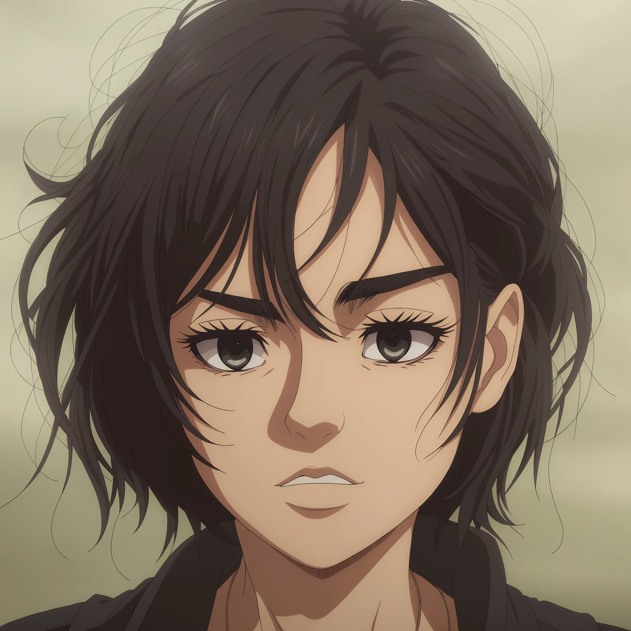 Mujer, Mikasa Ackerman, estilo Attack on Titan, Arte oficial Shingeki no Kyojin, corte de pelo corto, (cabello negro: 1.3), Mirandote, scowling, patillas, flequillo negro con cabello negro en la frente, pelo muy corto, camisa negra con cuello de tortuga, Altas Resoluciones, pelo corto, ojos grises, cuello, emblema, beltt, Correa para el muslo, Cuello negro, pantalones blancos, mangas largas, Sosteniendo un arma, espada, Al aire libre, Asian eyes and nose up, Cuello negro, cuello, solamente, labios, solamente, obra maestra, Plano medio, retrato, Altamente detallado, mejor calidad.