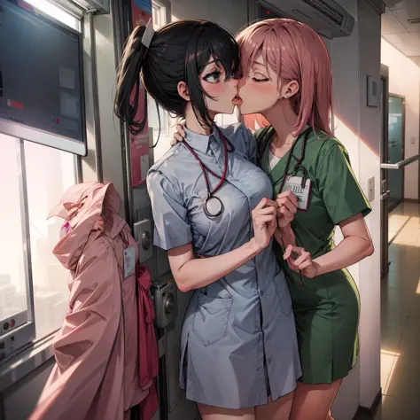 Two female nurses having fun in the hospital、Lesbian Mika、Greedy kiss、Yodare、tongue、modest chest、