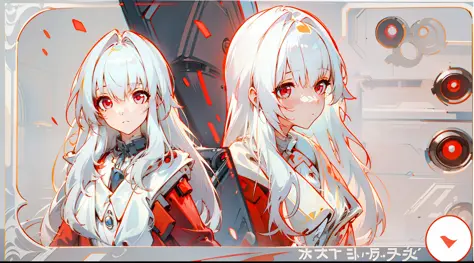 a girl clara，white color hair，red eyes，bare-legged，long whitr hair，red coat