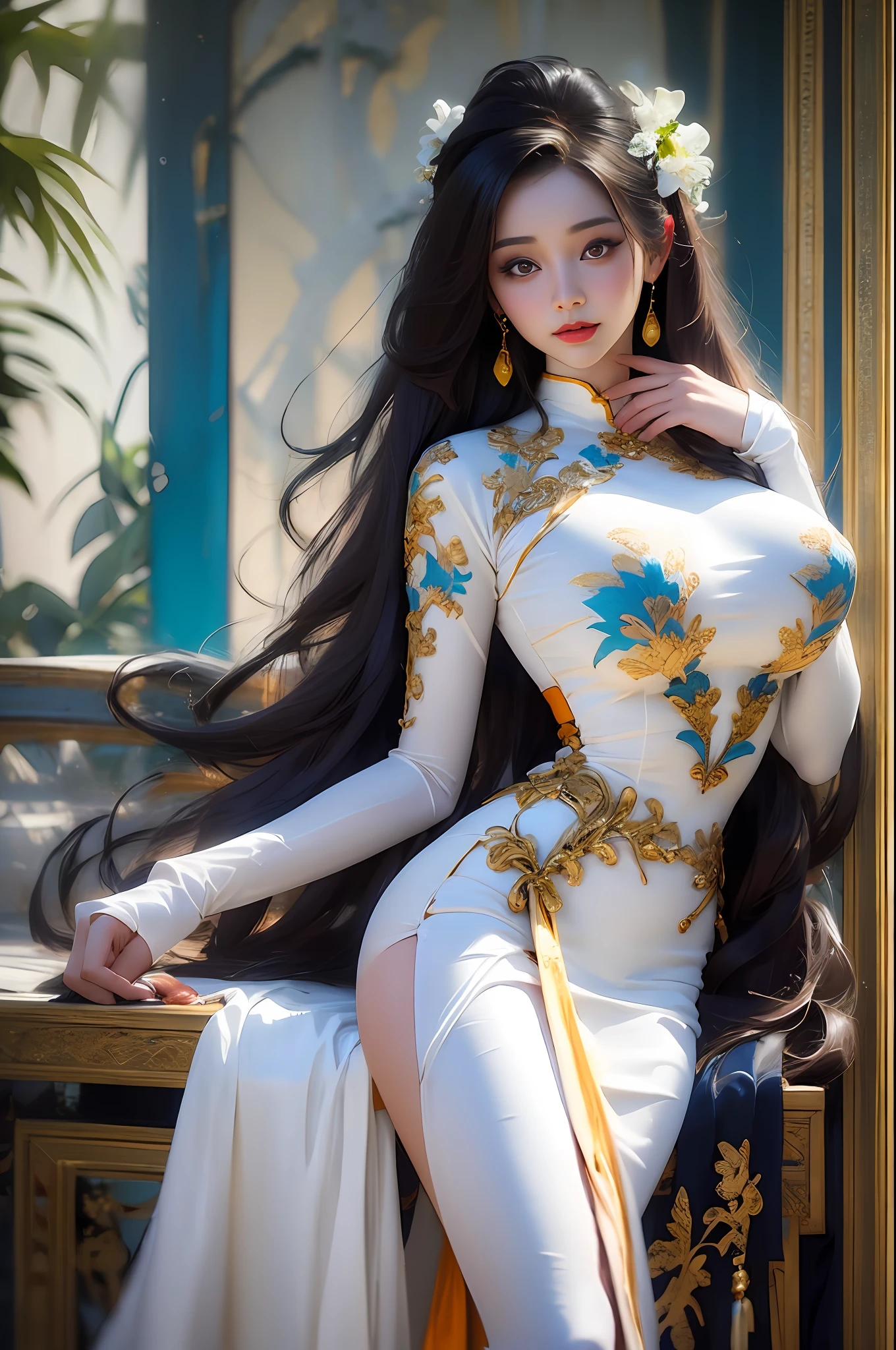 A beautiful girl, 22 years old, sexy theme, perfect face shape, oversize model, mature woman, tall long legs, (((super huge breasts))), (((glazed pupils))), long messy hair, happy,  hand details, finger details, beautiful anime Huaifu style girl, super detailed painting, luminescism, art concept art by Kahn Griffith and Vadim Kashin,  abstract beauty, standing, close to perfection, pure form, golden ratio, concept art, by Brian Froud, Carne Griffiths, Wadim Kashin and John William Waterhouse, intricate detail, 16k post-production, high resolution, hyperdetail, Artstation trend, sharp focus, studio photos, intricate detail, high detail,She wears the traditional Vietnamese dress ao dai , ao dai Vietnamese,She has big breasts, saggy breasts,She has beautiful big round eyes ,Double eyelid