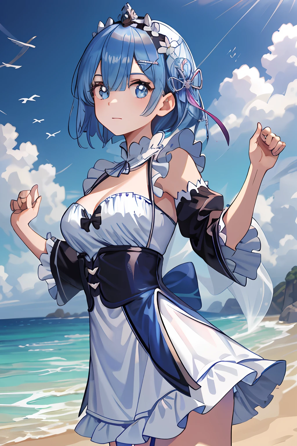 (Masterpiece artwork, best qualityer;1.3), ultra detaild, gazing at viewer, kissed face, From  above, gaping mouth, fully body, DISCOUNT, transparent outfit,
rem_re_NULL, hair blue, shorth hair, blue bikini, TOP LESS, Beachwear, transparent outfit, Unclothed, sexly, sensuous,  hair ornament, neckleace, maid headdress, detached sleeves, ribbon heart-shaped pupils, pink back ground,
