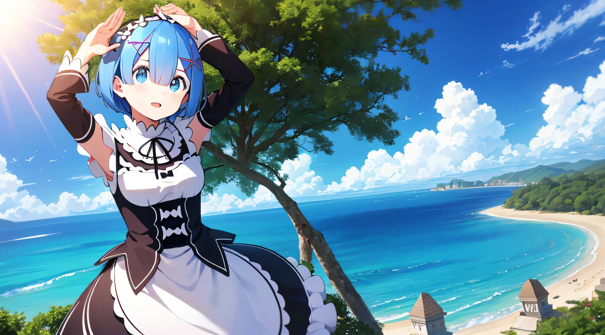 (masterpiece:1.6, best quality), (finely detailed beautiful eyes: 1.2), ph_rem, remhd, 1girl, blue hair, solo, blue eyes, x hair ornament,roswaal mansion maid uniform, maid, ocean,  bay, sunlight, trees, wave,  arms up