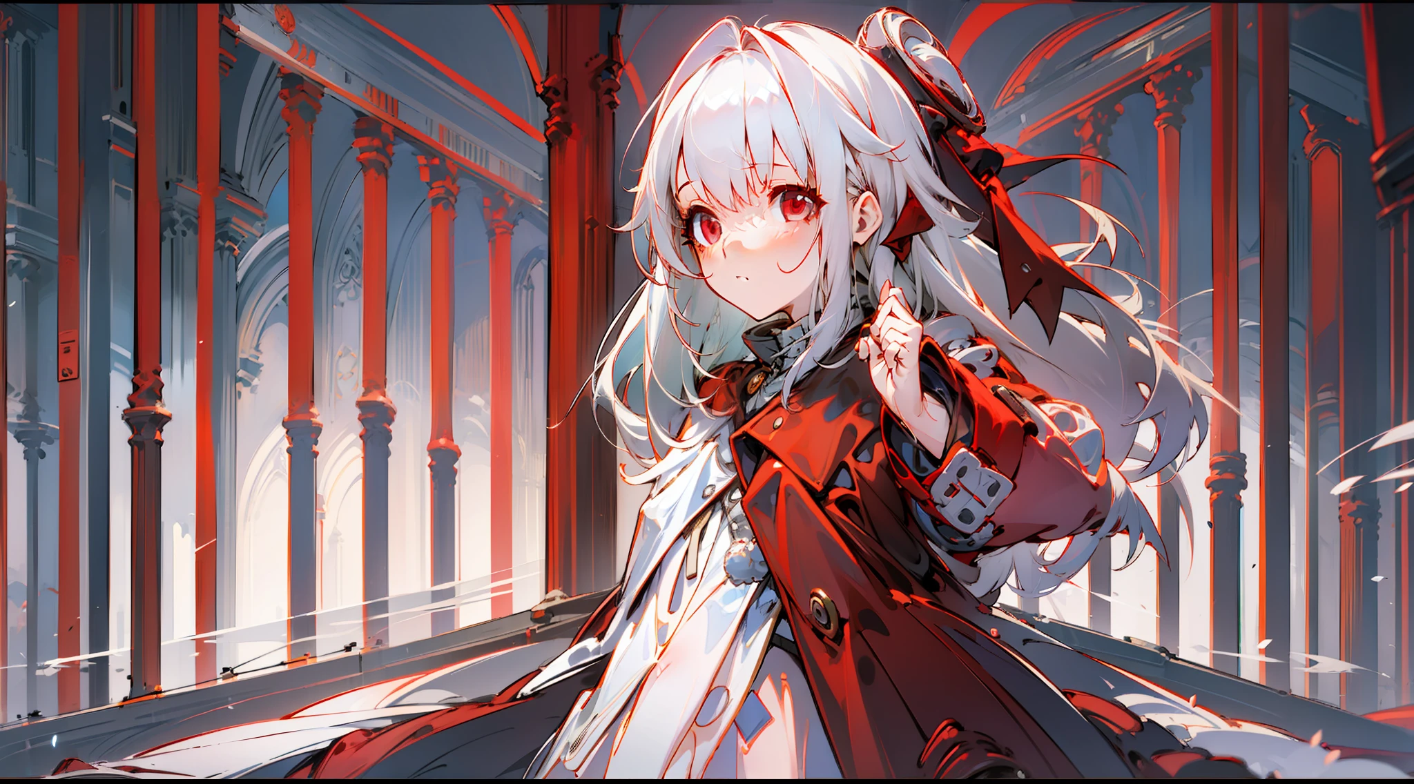 A girl Clara，White color hair，Red eyes，Bare legged，long whitr hair，Red coat