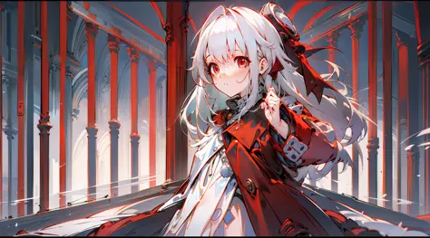 a girl clara，white color hair，red eyes，bare legged，long whitr hair，red coat