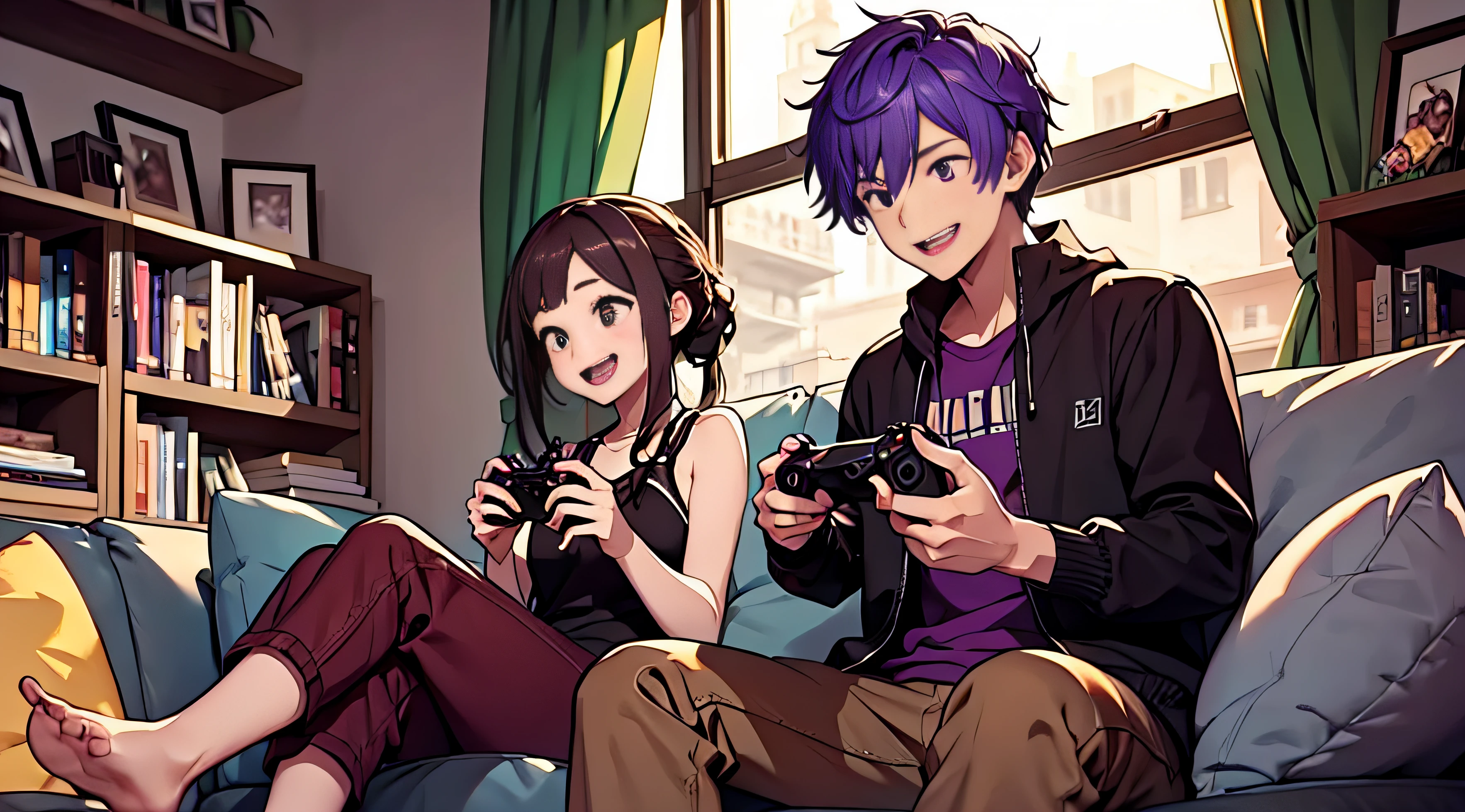 紫色头发的男孩和棕色头发的女孩、一对夫妇、大笑、一起玩电子游戏、沙发、数字录像机、放松氛围、高水平图像质量、令人愉快的、控制器、玩