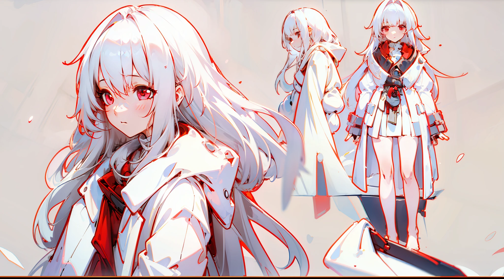 A girl Clara，White color hair，Red eyes，Bare legged，long whitr hair，Red coat