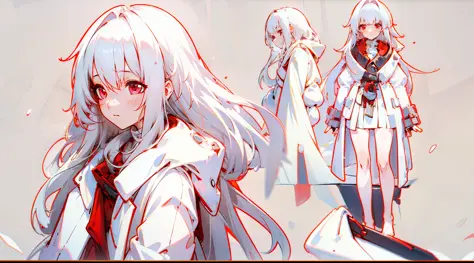 a girl clara，white color hair，red eyes，bare legged，long whitr hair，red coat