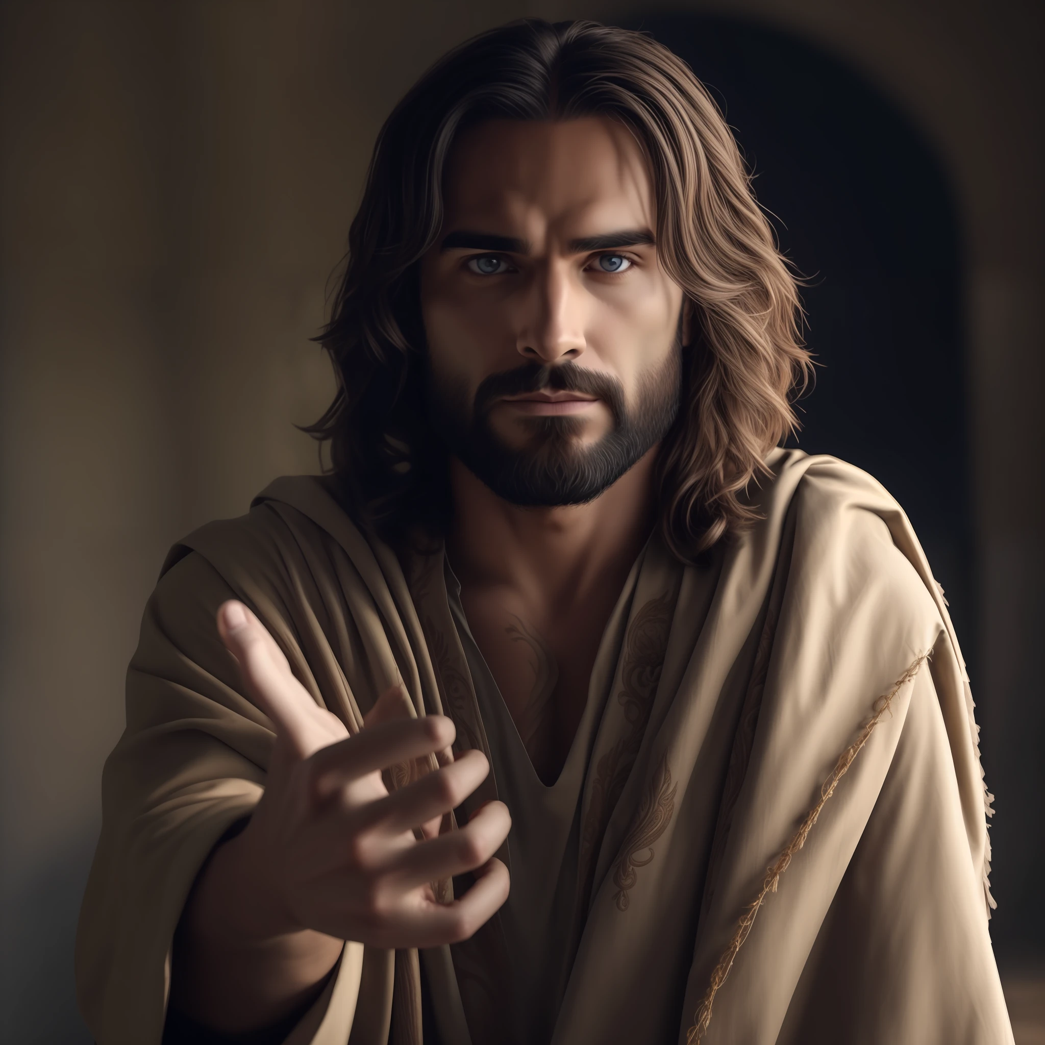 Seth Rollins as Jesus Christ, focus on the details of the face, similar to seth rollins, wearing long beige tunic of Jesus, Jesus style of the Bible, realistic image, background of the heavenly garden image with animals and flowers, best quality, 8k, focus on the details.