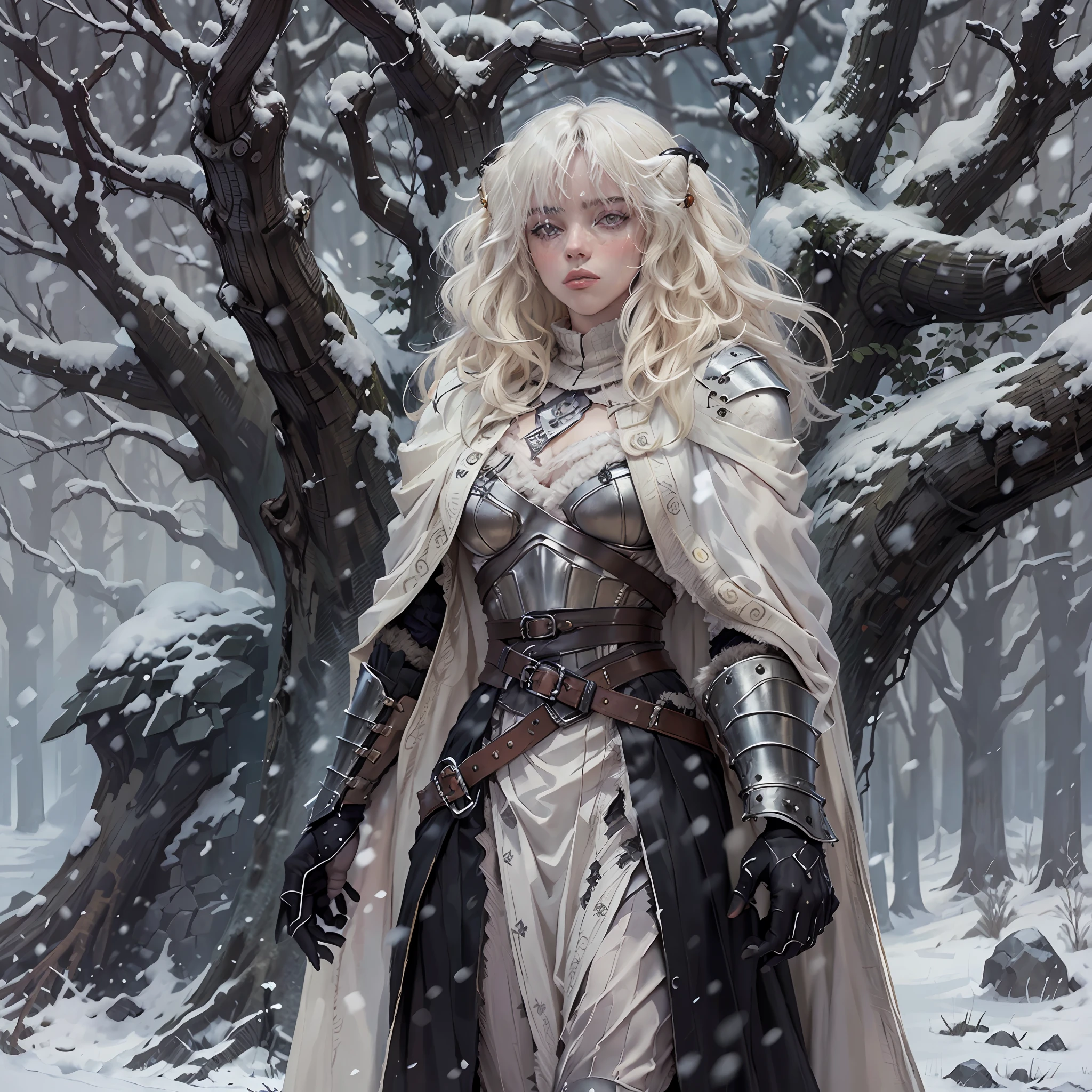 (masterpiece, top quality, best quality, official art, detailed:1.2), billieeilishW3, 1woman, solo, highly detailed face, perfect hands, long white wavy hair with simetrical black ram horns and no bangs, outdoors, wearing full pleated armor, tree, fur trim cape in white, black gloves, snow, snowing, winter, walking and looking away with a hand on her belt, bare tree, flat chested and fully clothed with long sleeve medieval shirt and black trousers and armored shoulder pads