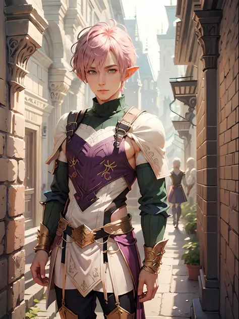 pink hair, short hair, purple outfit, male elf, fantasy, fantasy setting, solo, elf face, cozy sweater