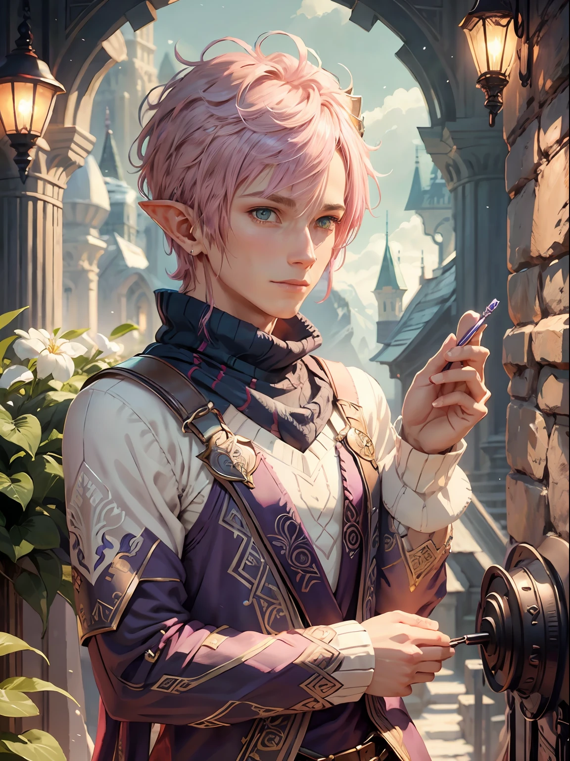 pink hair, short hair, purple outfit, male elf, fantasy, fantasy setting, solo, elf face, cozy sweater