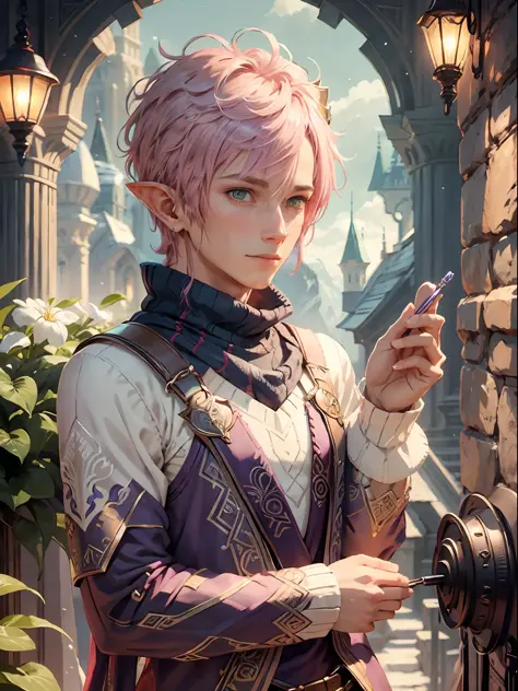 pink hair, short hair, purple outfit, male elf, fantasy, fantasy setting, solo, elf face, cozy sweater