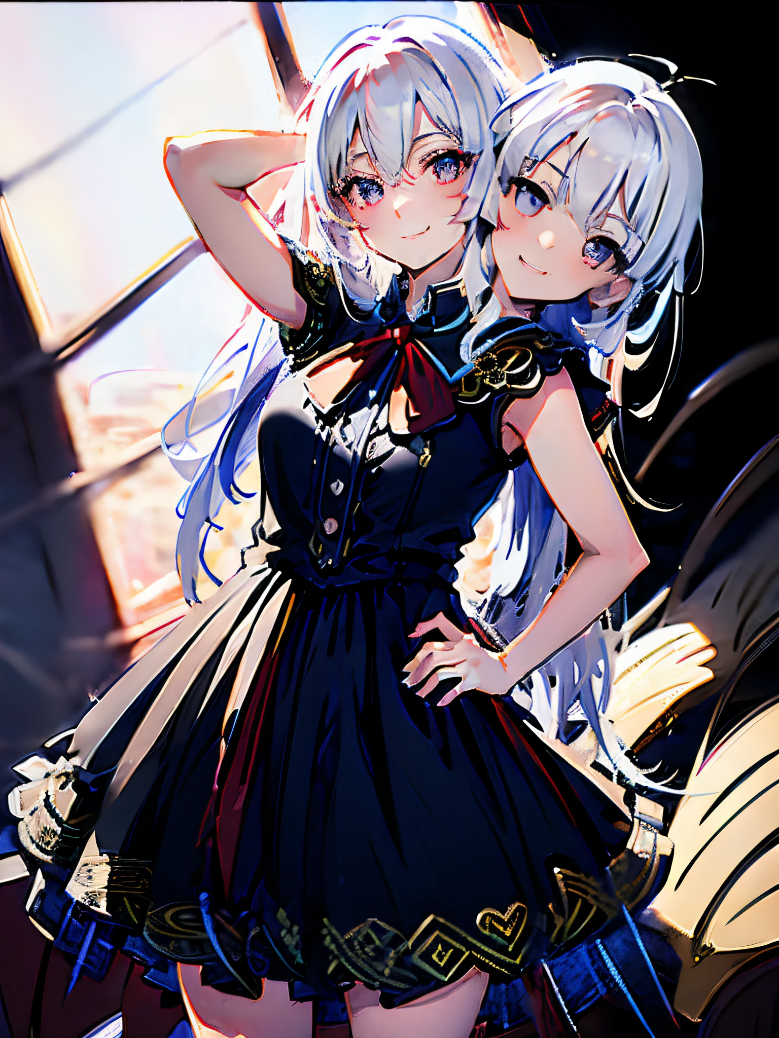 (highly detailed 8k wallpaper), best resolution, (2heads:1.5), elaina_\(majo_no_tabitabi\),anime girl with two heads, white hair, red eyes, winking, right hand behind head, left hand on hip, wearing a dress, left leg bent, standing pose, natural pose, studio, white room backdrop