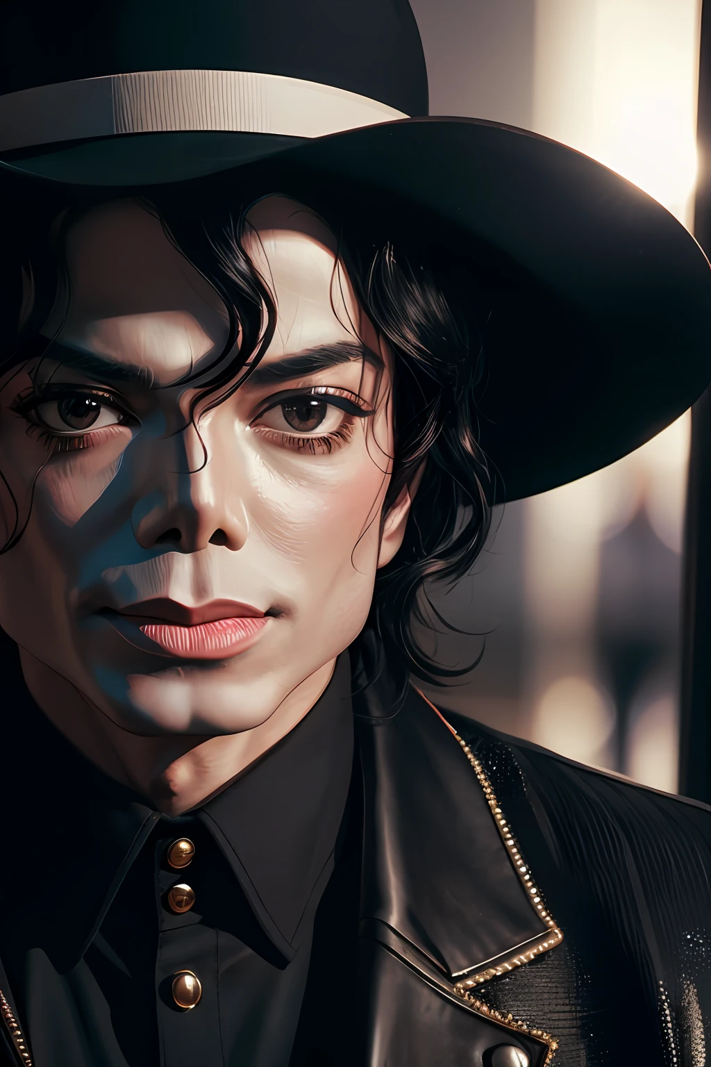 (detailed:1.15), michael jackson taking a selfie background soft black sadows,eyes looking to font, high detail, ultra realistic, cinematic lighting, portrait painting, photorealistic, Color Grading, portrait Photography, hyper - detailed, beautifully color graded, real Engine5, Cinematic 8K,