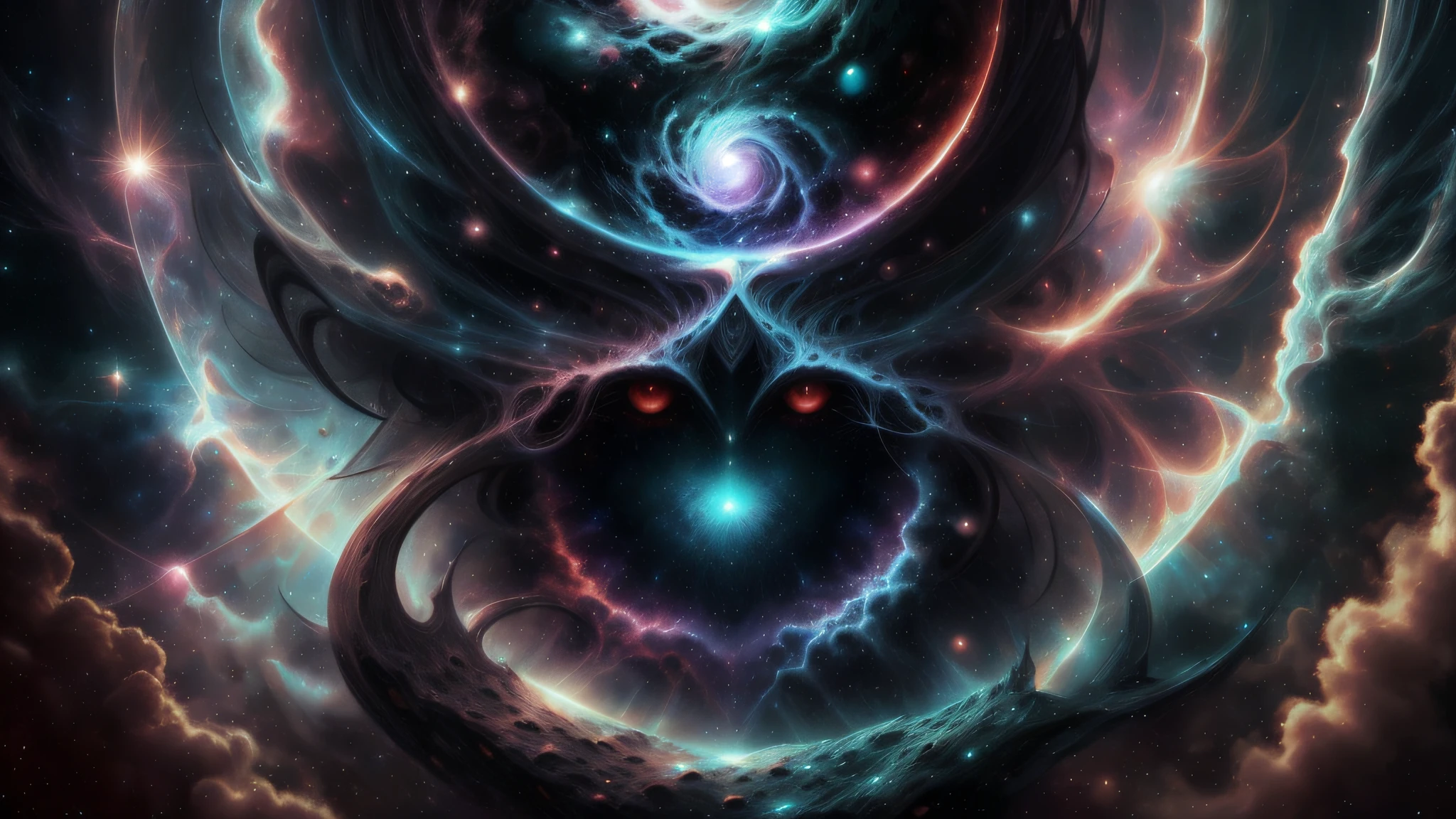 El Dios creador cósmico forma el oscuro mundo de fantasía a partir del caos del universo primitivo., con un ojo en el centro