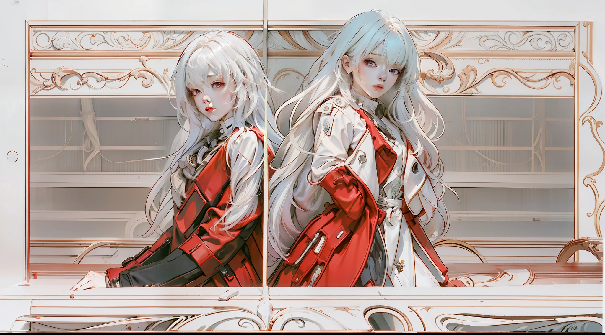 one-girl，White color hair，Red eyes，Bare legged，long whitr hair，Red coat,Red gloves